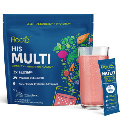 Poudre multivitaminée Root'd pour hommes vue de face dans son emballage