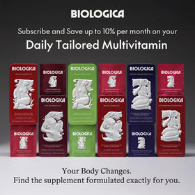 Poudre multivitamines Biologica sur une table avec des fruits