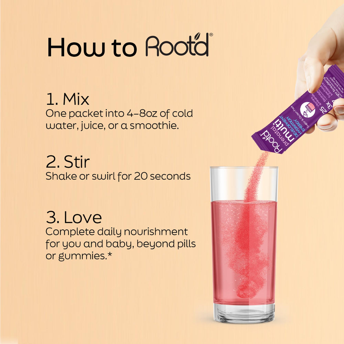 Poudre multivitamines prénatales Root'd dans un verre avec une cuillère
