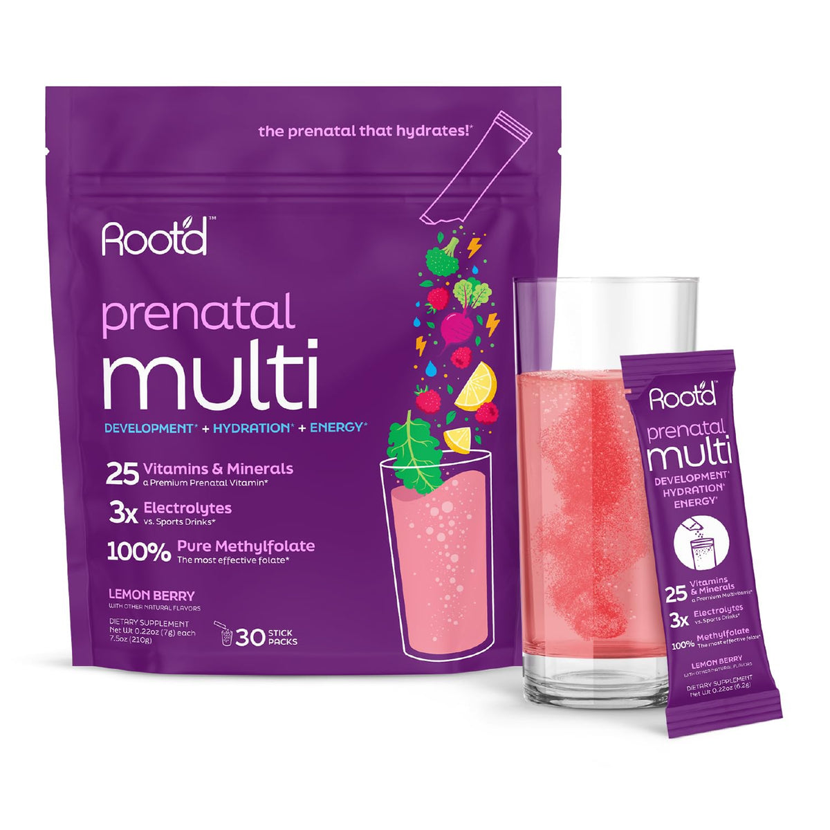 Poudre multivitamines prénatales Root'd en sachet, 30 portions, vue de face