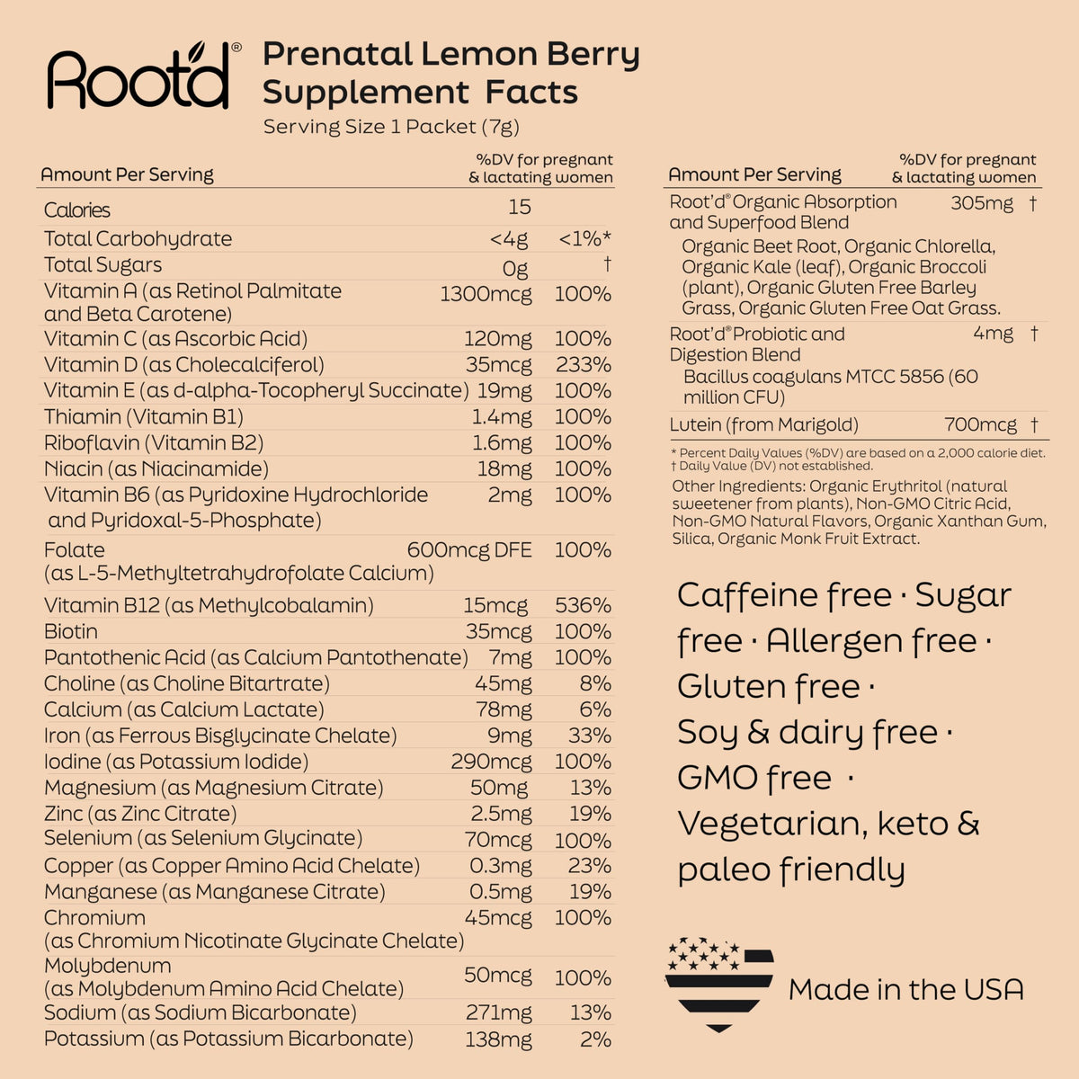 Poudre multivitamines prénatales Root'd sur une table avec des ingrédients naturels