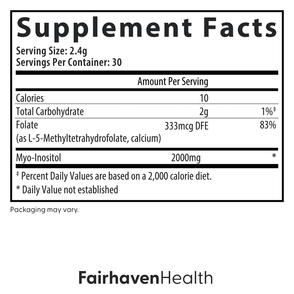 Poudre Myo-Folate Fairhaven Health en sachet avec boisson