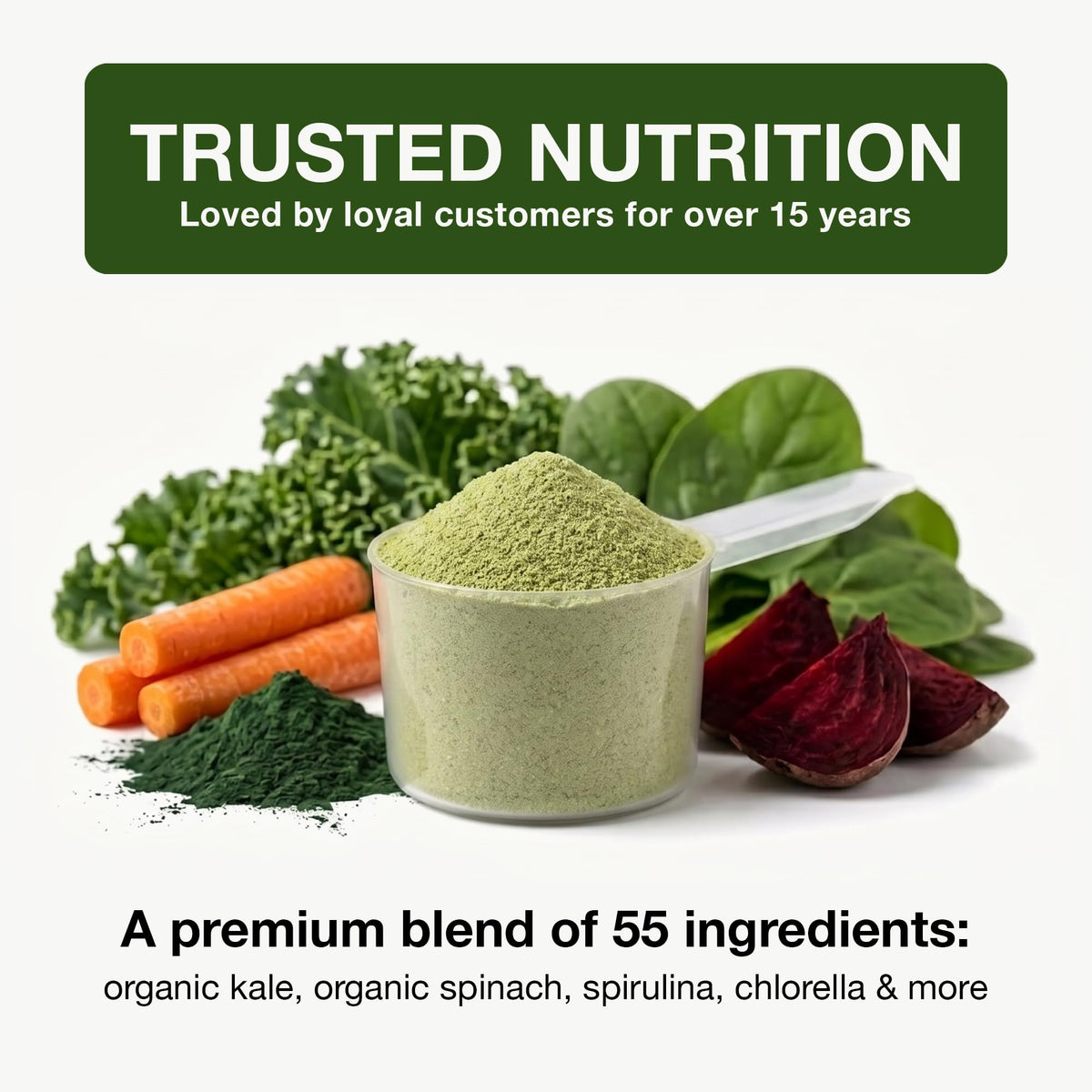 Poudre NanoGreens avec cuillère, mélange de légumes et fruits