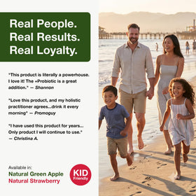 Poudre NanoGreens + Probiotic Greens dans un bol avec des fruits