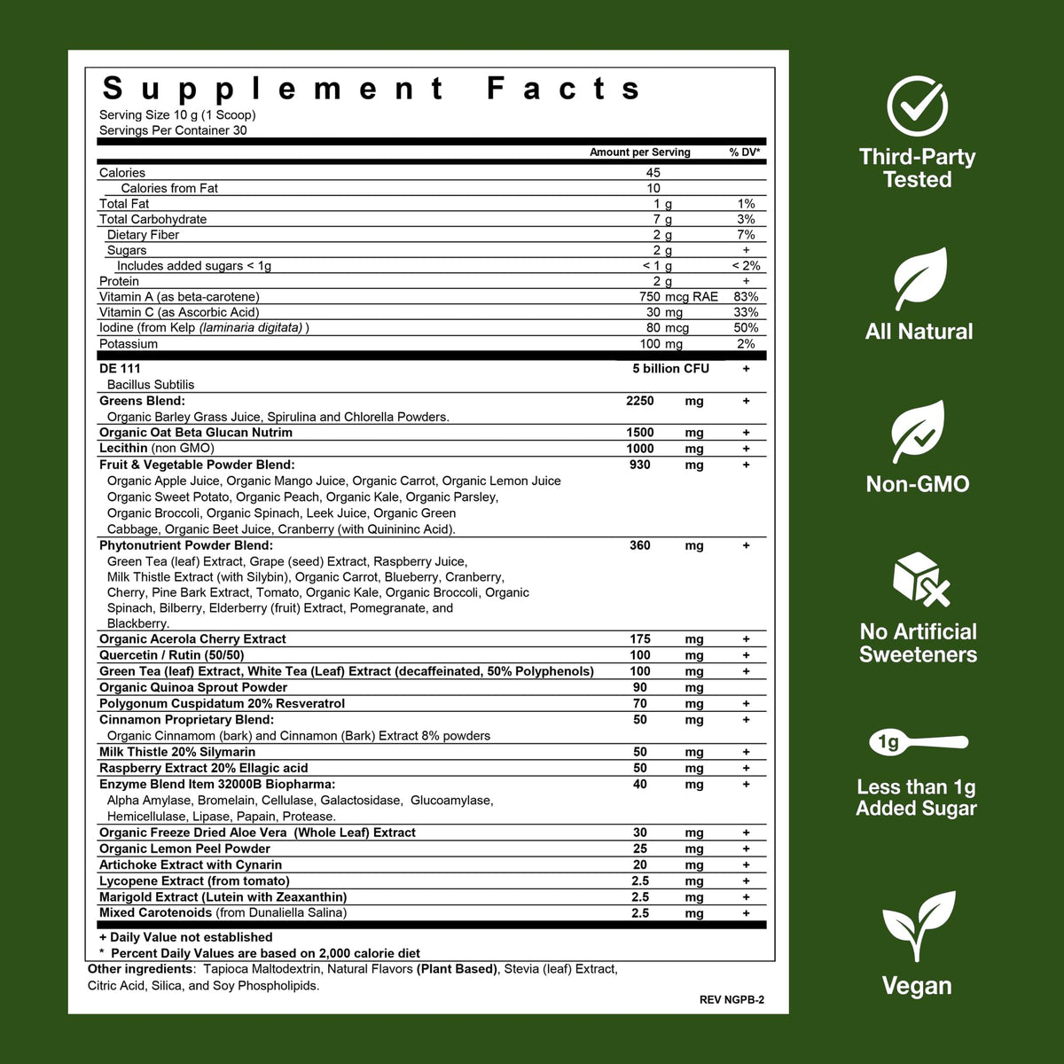 Poudre NanoGreens + Probiotic Greens de Biopharma Scientific sur un fond blanc