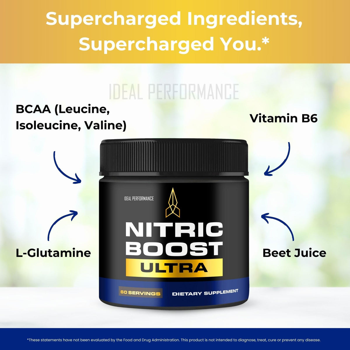 Poudre Nitric support Ultra avec des fruits frais en arrière-plan