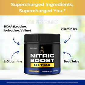 Poudre Nitric support Ultra avec des fruits frais en arrière-plan