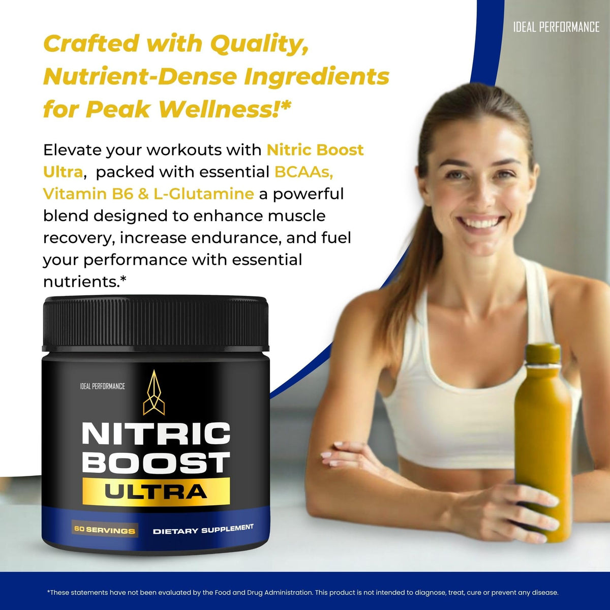 Poudre Nitric support Ultra sur une table avec des accessoires de fitness