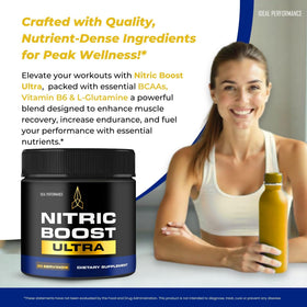 Poudre Nitric support Ultra sur une table avec des accessoires de fitness
