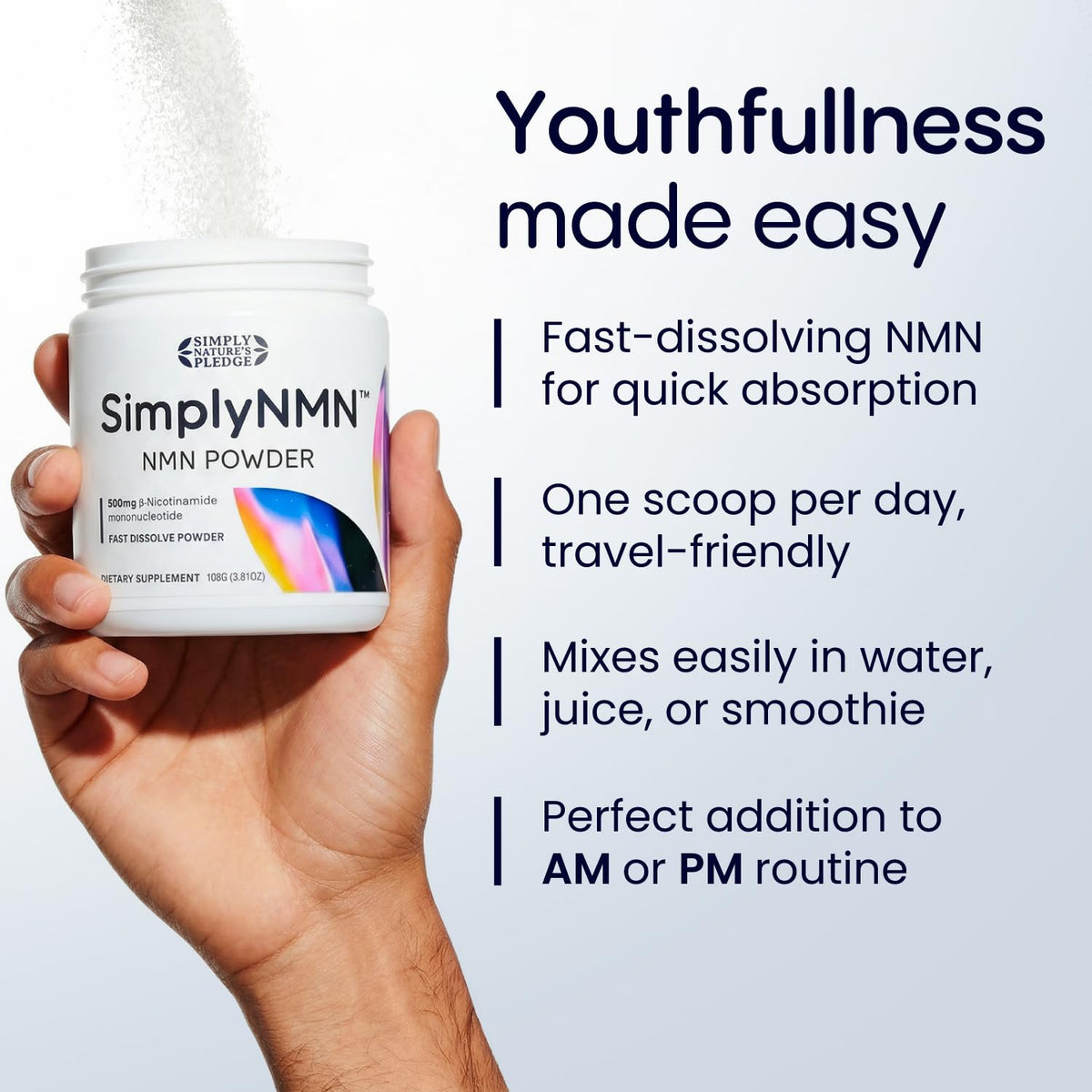 Poudre NMN Simply Nature's Pledge 108g dans un verre d'eau