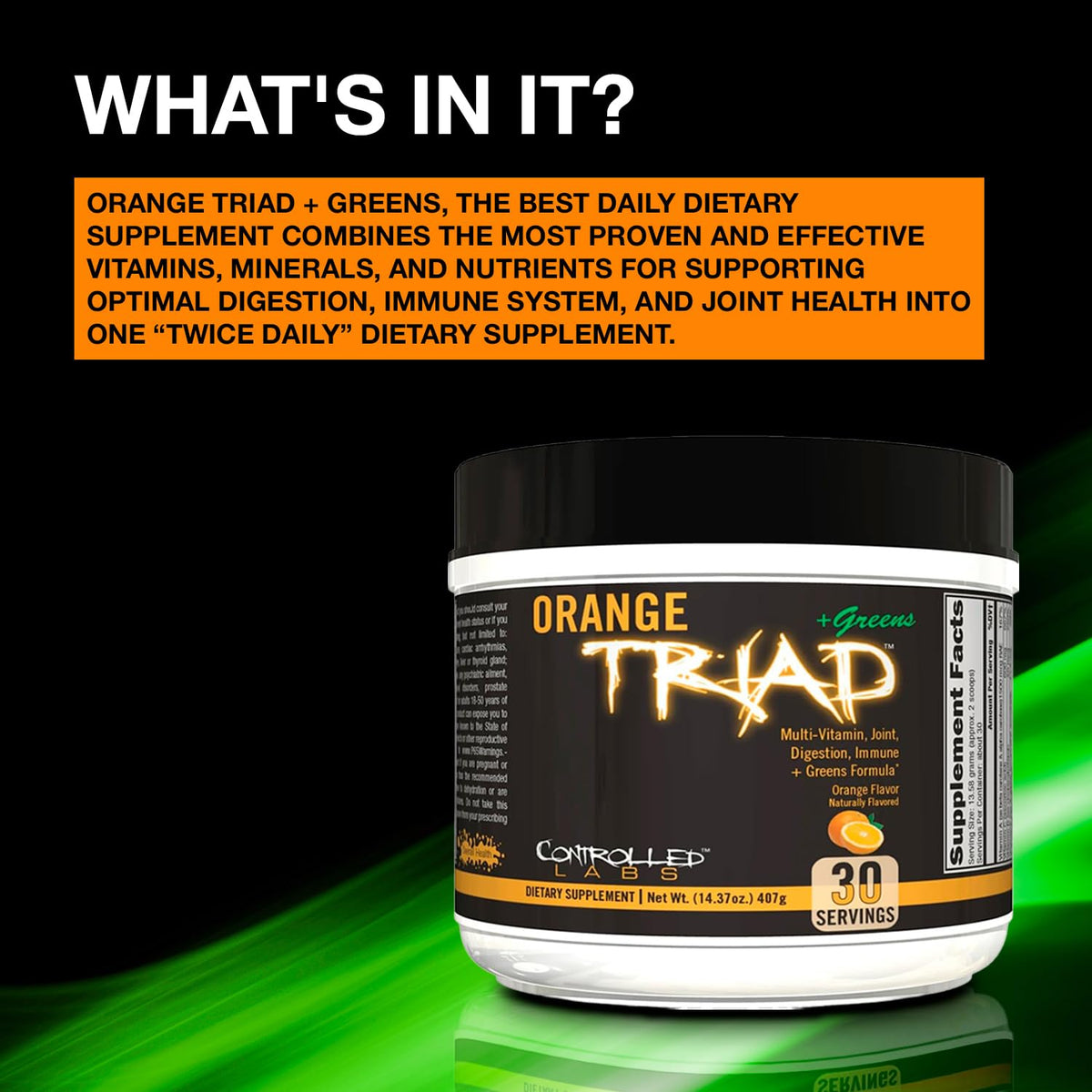 Poudre Orange Triad + Greens mélangée dans de l'eau