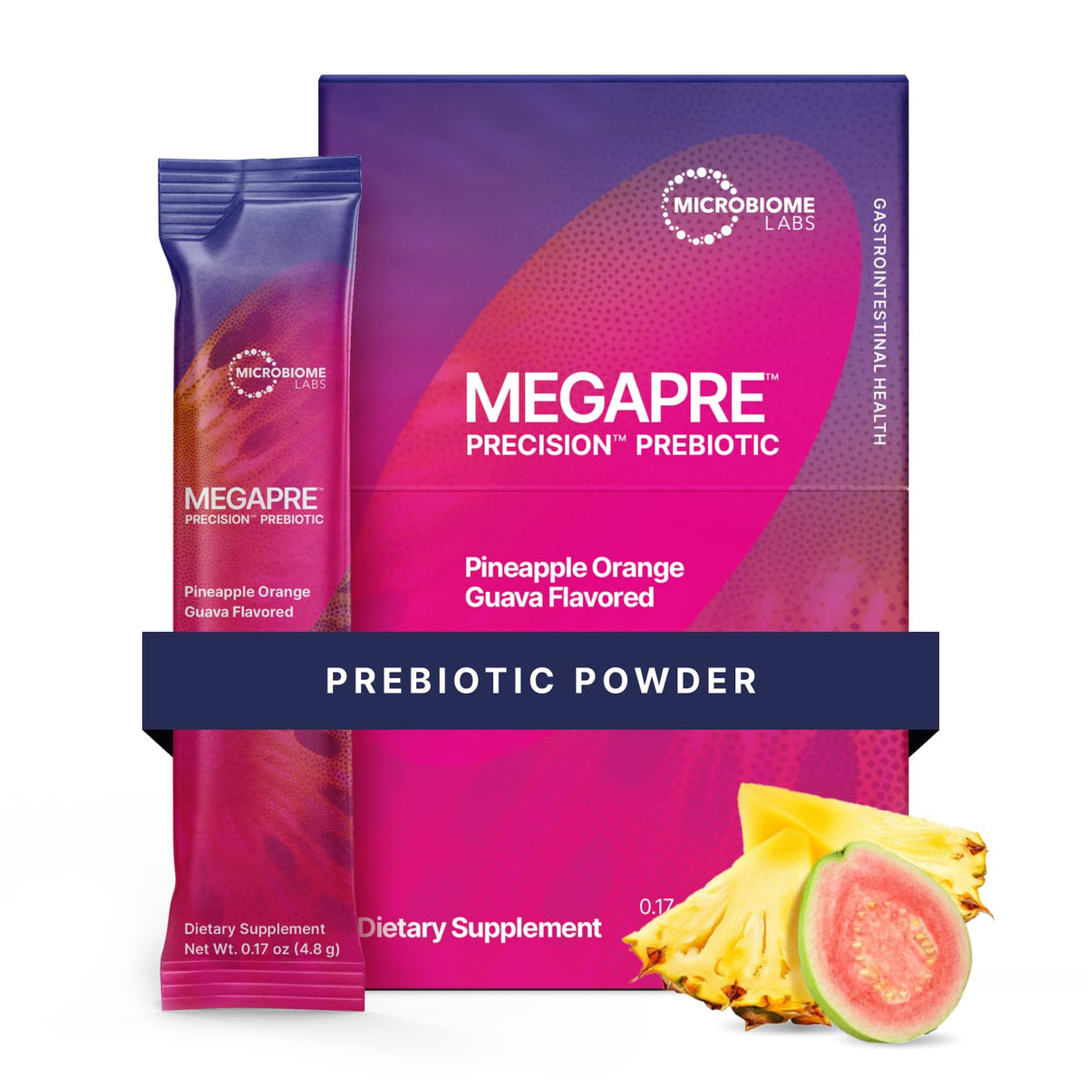 Poudre prébiotique MegaPre en sachets de 30 unités, saveur ananas, orange et goyave