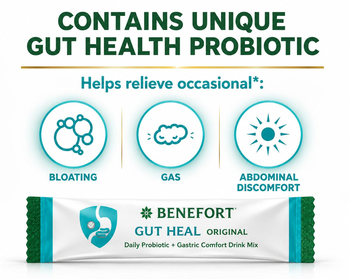 Poudre probiotique Benefort versée dans un verre d'eau