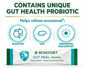 Poudre probiotique Benefort versée dans un verre d'eau