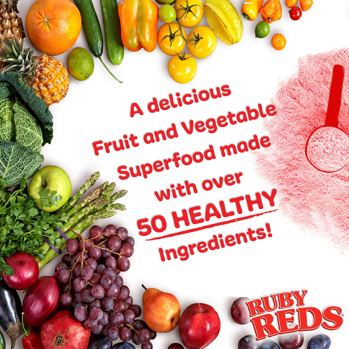 Poudre Ruby Reds avec fruits en arrière-plan