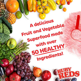 Poudre Ruby Reds avec fruits en arrière-plan