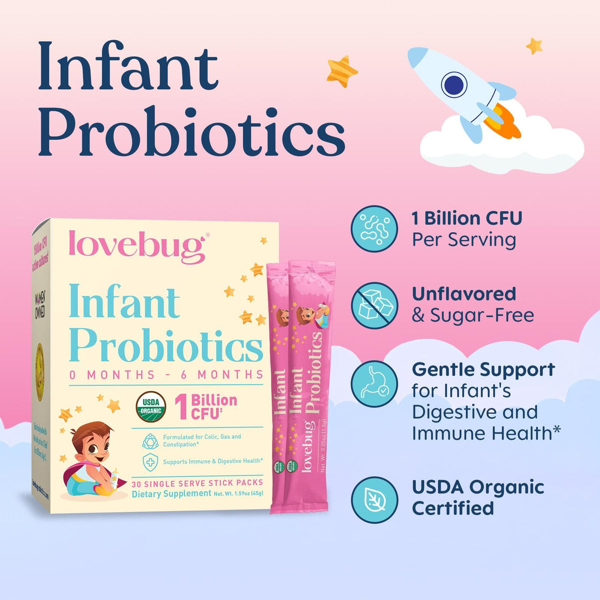 Poudre sans goût des probiotiques LOVEBUG dans un sachet