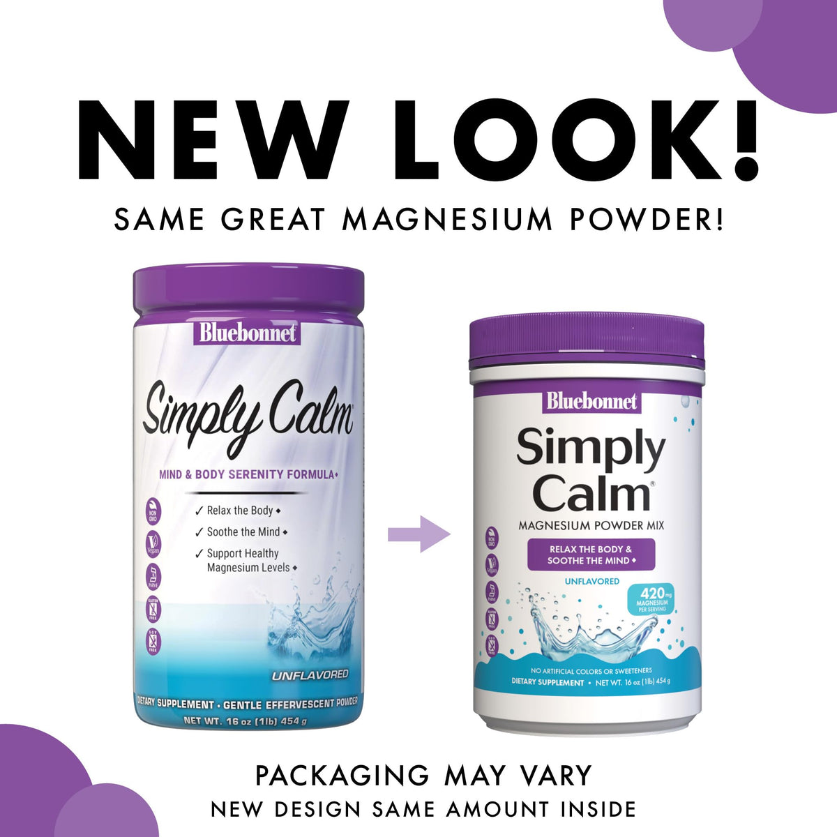 Poudre Simply Calm de BlueBonnet 16 oz vue arrière avec informations nutritionnelles