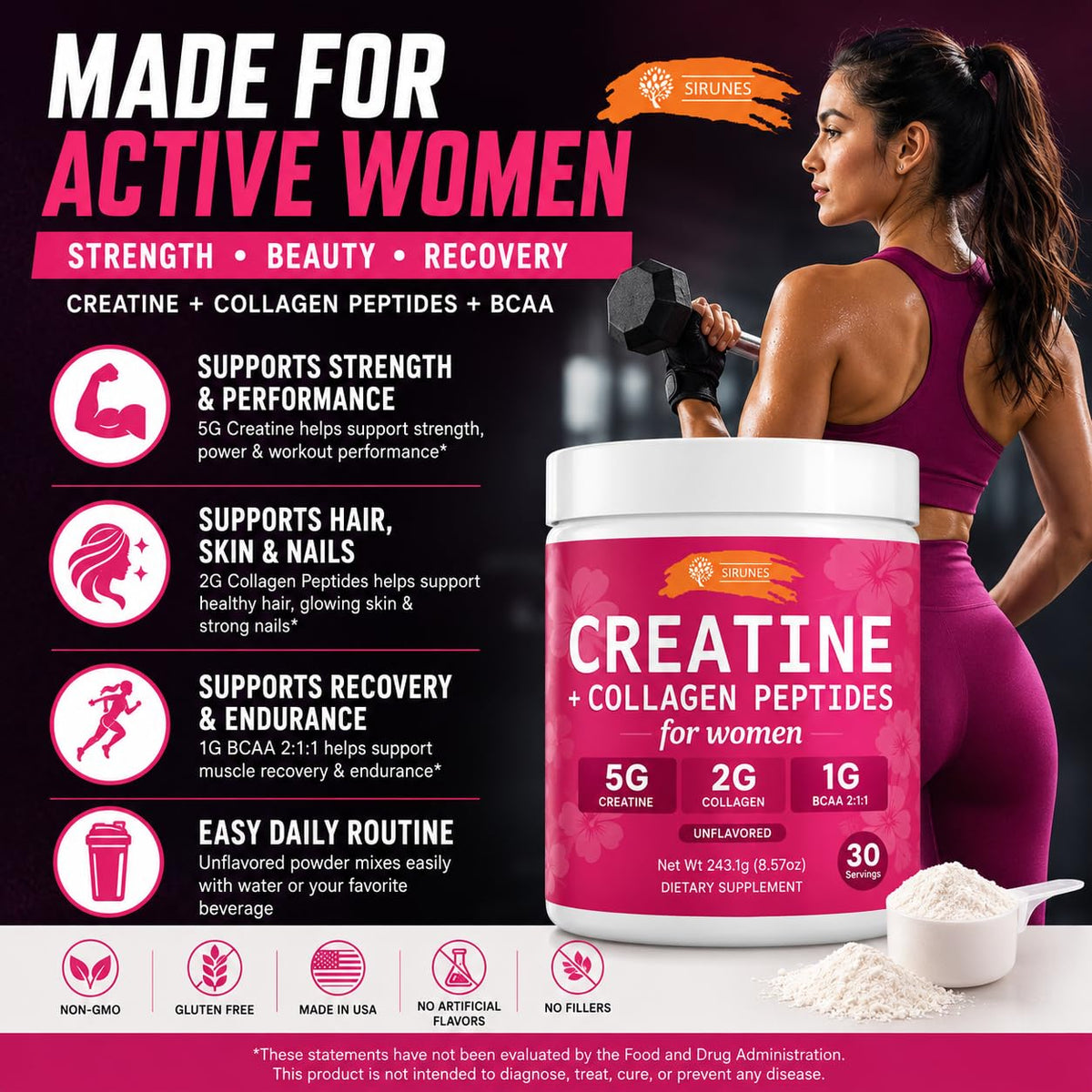 Poudre SIRUNES créatine et collagène pour femmes avec accessoires de fitness