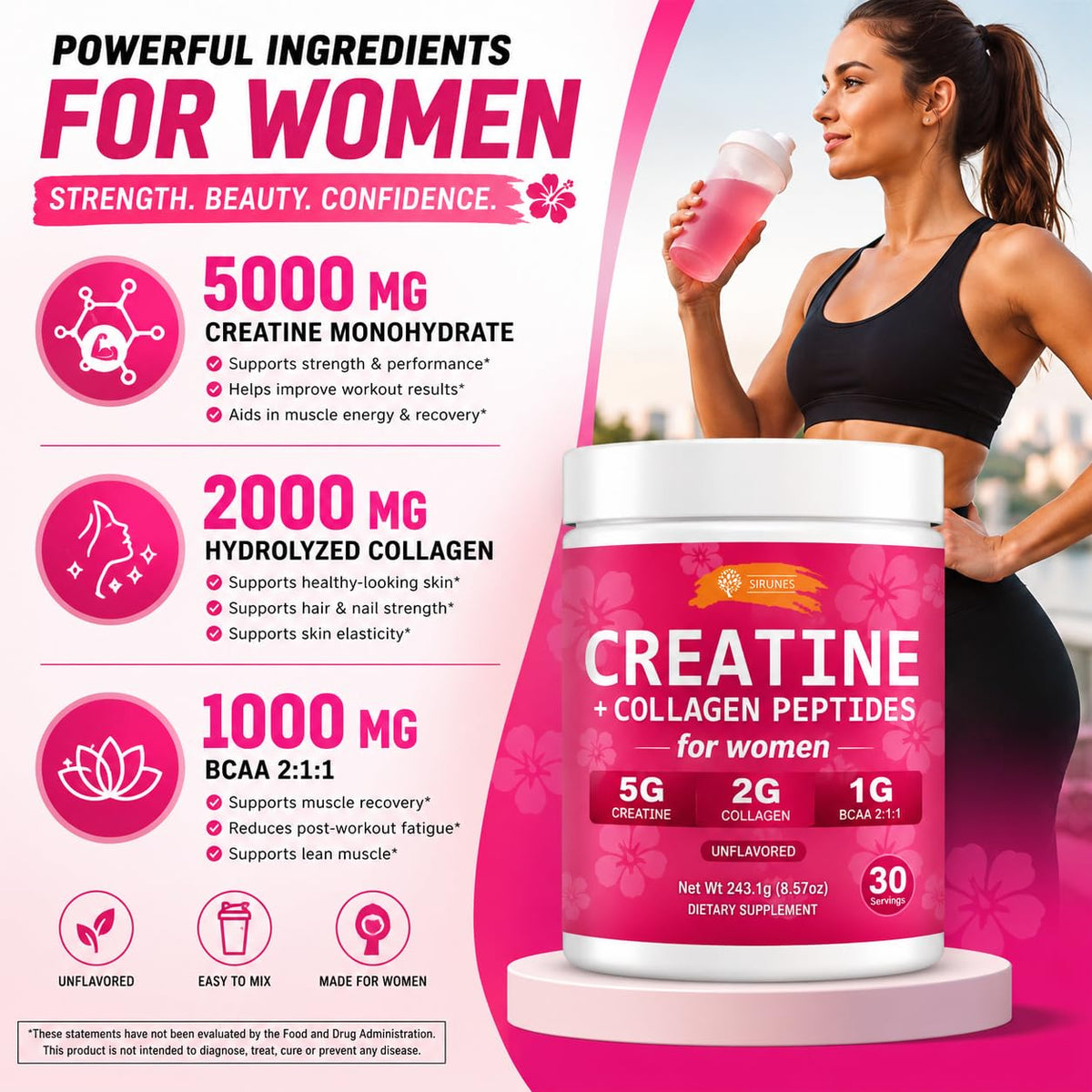 Poudre SIRUNES créatine et collagène pour femmes en mélange dans un smoothie