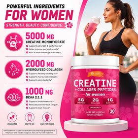 Poudre SIRUNES créatine et collagène pour femmes en mélange dans un smoothie