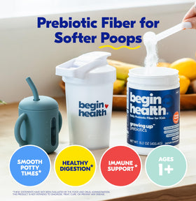 Poudre soluble prébiotique Begin Health dans un verre d'eau