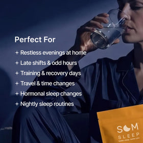 Poudre Som Sleep sur une table avec un verre d'eau