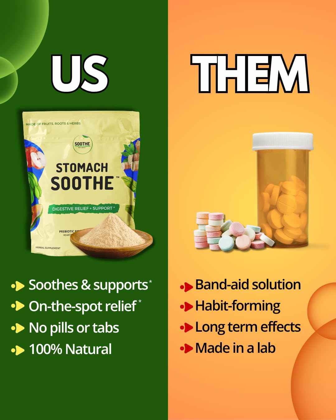 Poudre Stomach Soothe sur une table en bois