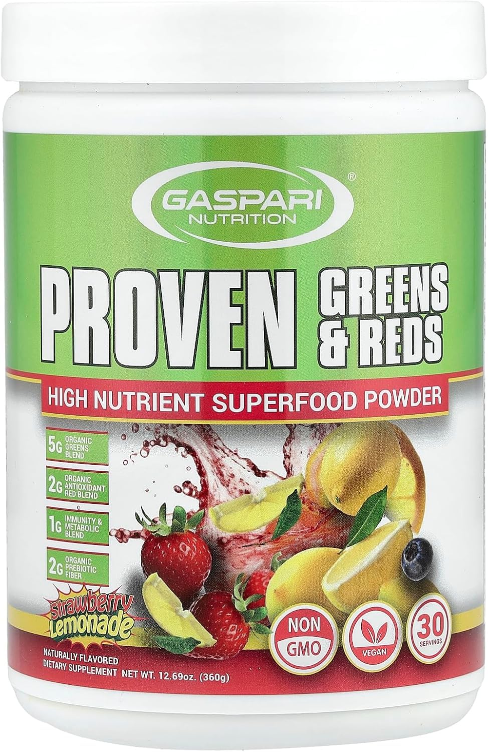 Poudre super-aliment Gaspari Nutrition Greens and Reds vue avant avec étiquette