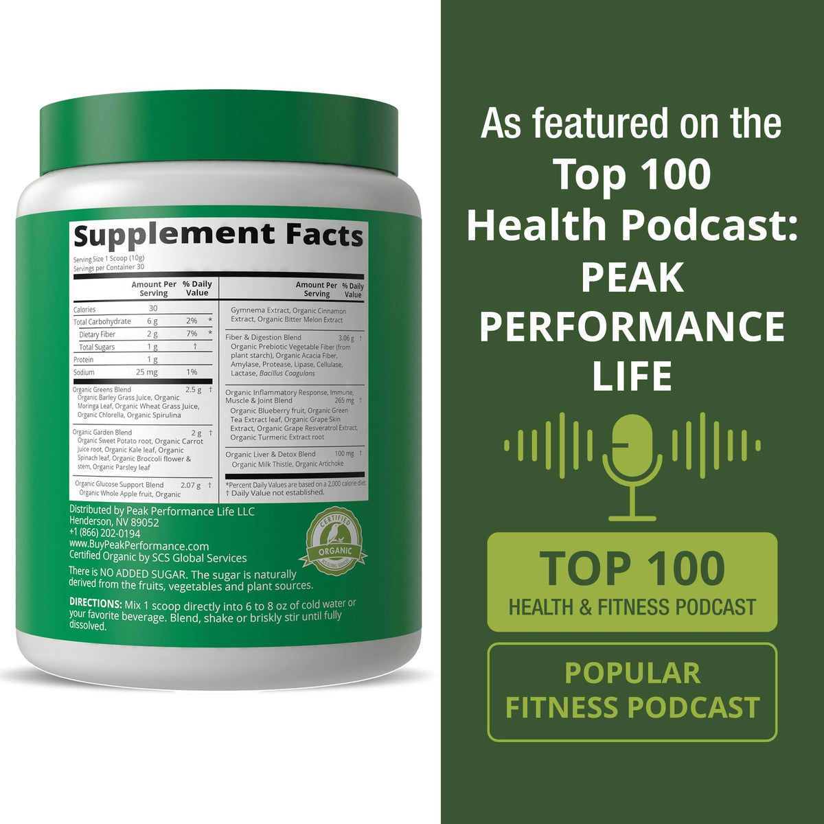 Poudre Super Aliment Vert Bio Peak Performance sur un fond blanc