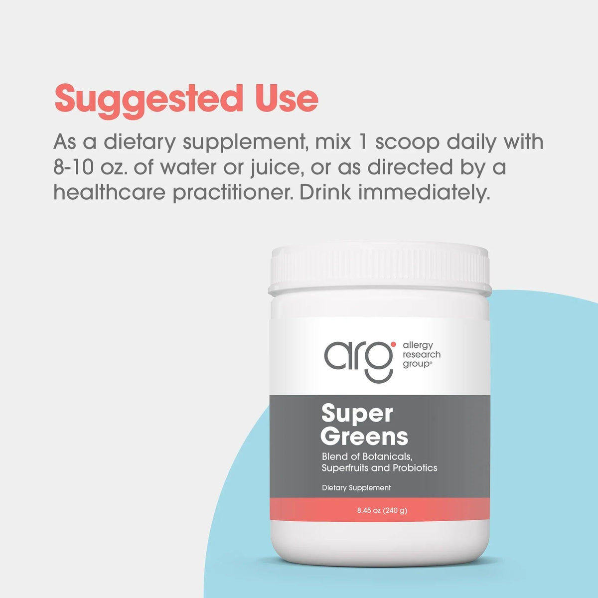 Poudre Super Greens Allergy Research Group 250 g sur une table