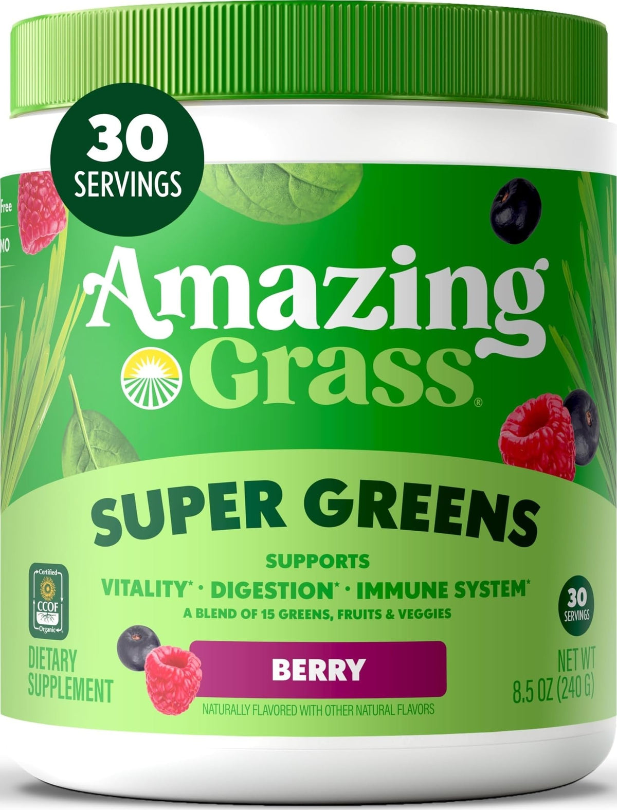 Poudre Super Greens Amazing Grass au goût baies, vue de face