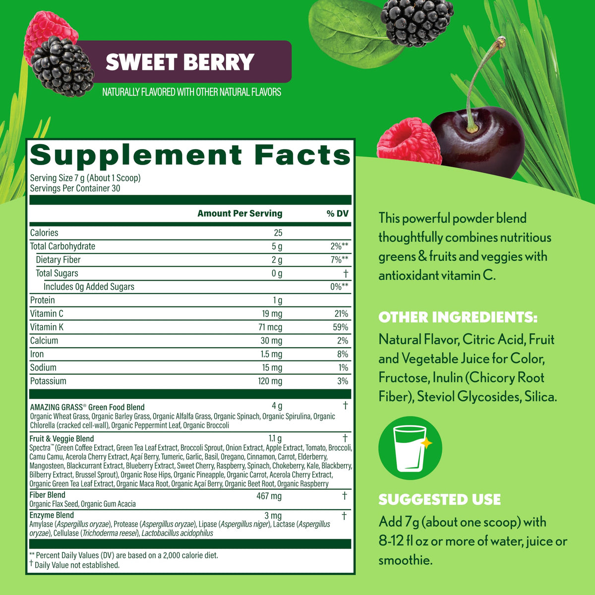 Poudre Super Greens Amazing Grass avec fruits frais en arrière-plan