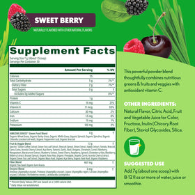 Poudre Super Greens Amazing Grass avec fruits frais en arrière-plan