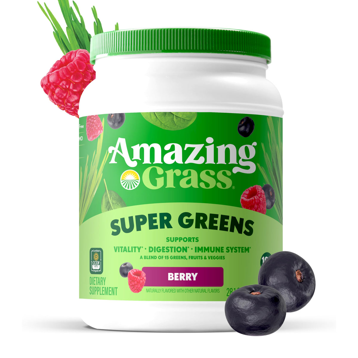 Poudre Super Greens Bio Amazing Grass sur une balance