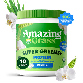 Poudre Super Greens+ d'Amazing Grass dans un bol avec des fruits