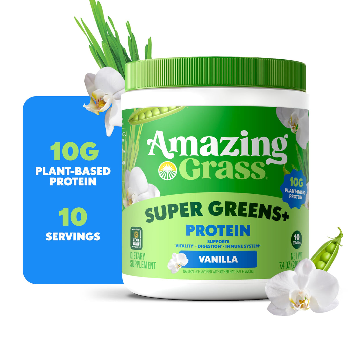 Poudre Super Greens+ d'Amazing Grass versée dans un verre