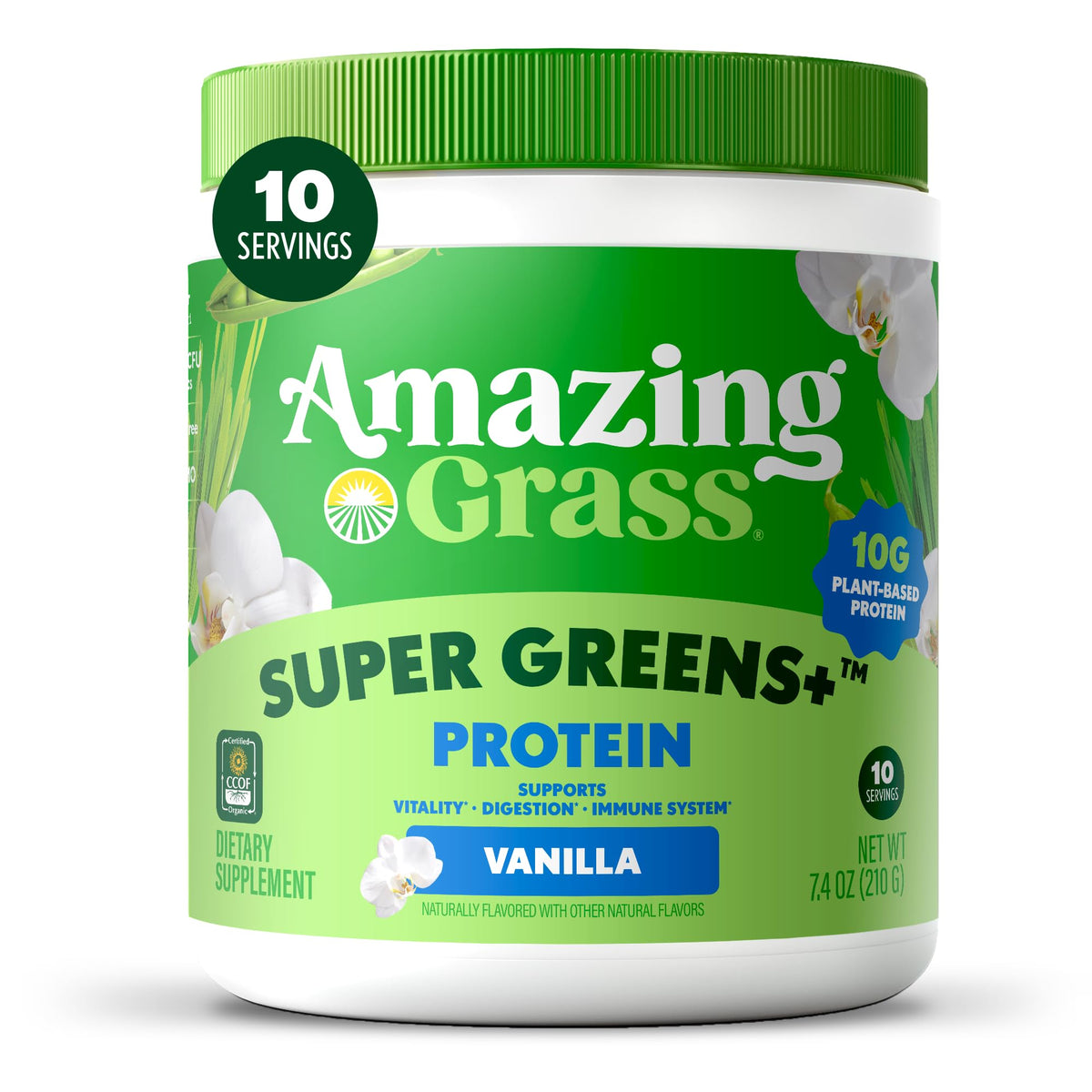Poudre Super Greens+ d'Amazing Grass vue de face avec emballage