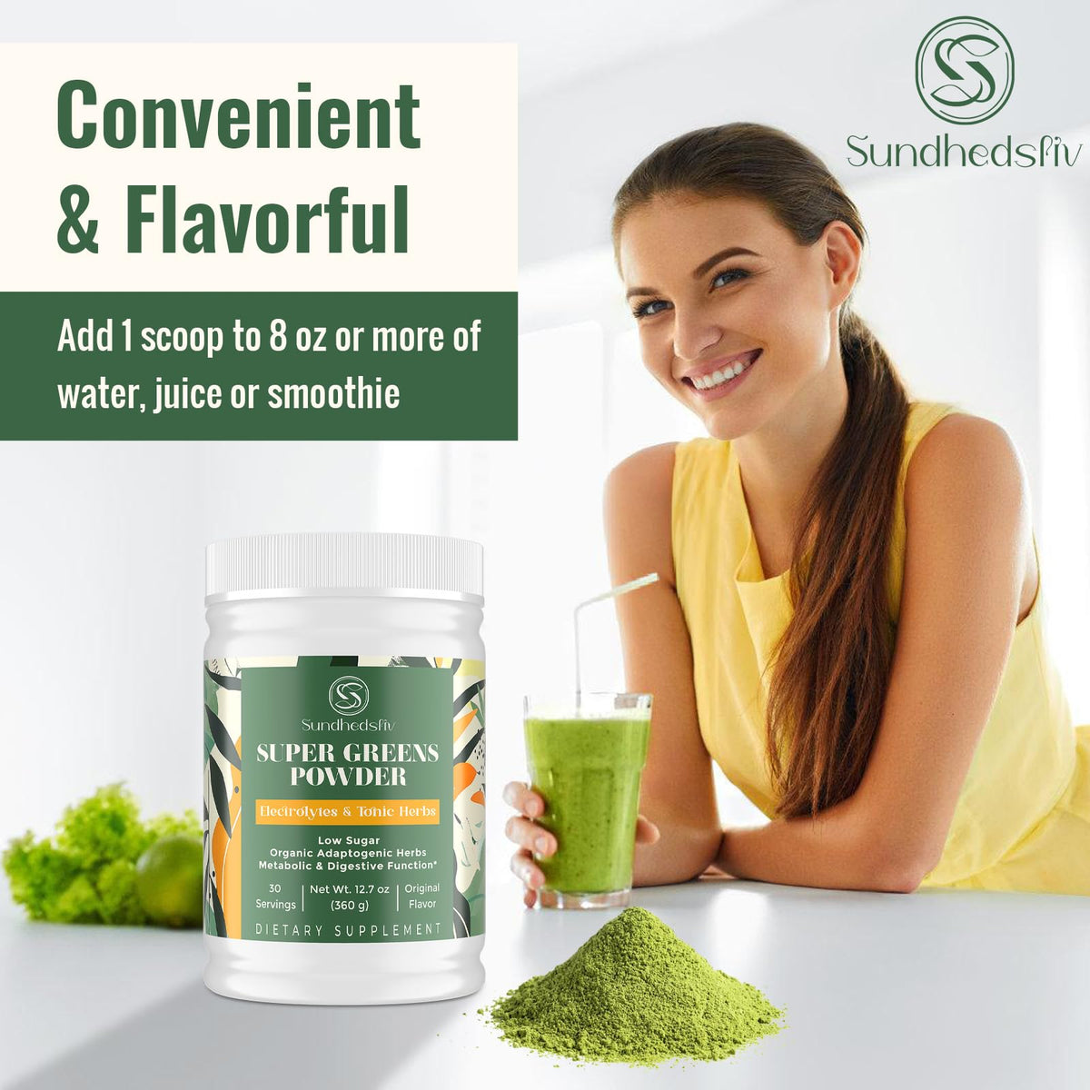 Poudre Super Greens de Sundhedsliv avec des fruits frais