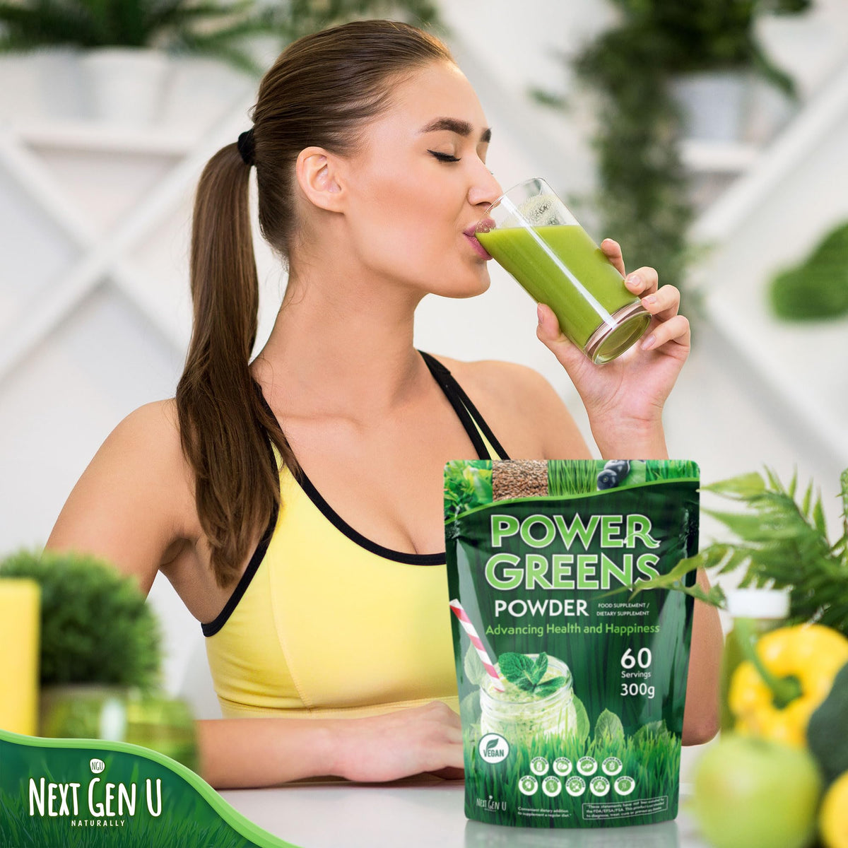 Poudre Super Greens NGU Next Gen U 300g avec fruits à côté