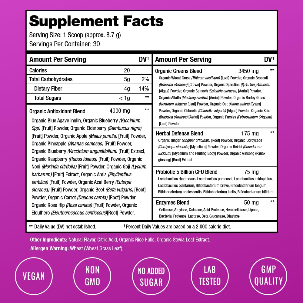 Poudre Super Greens NutraChamps 331g avec fruits frais sur une table