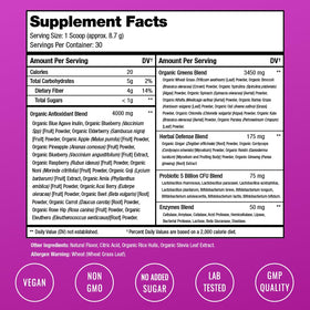 Poudre Super Greens NutraChamps 331g avec fruits frais sur une table