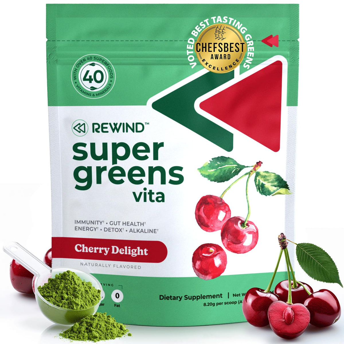 Poudre Super Greens Rewind saveur cerise vue de face