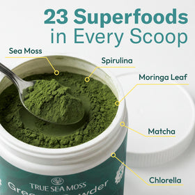 Poudre Super Greens TrueSeaMoss versée dans un verre