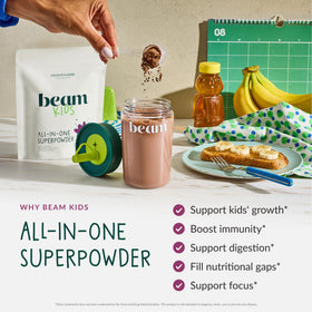 Poudre superaliment BEAM pour enfants, vue latérale de l'emballage