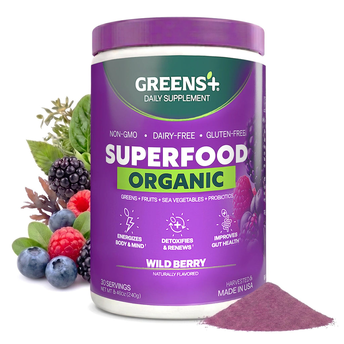 Poudre superaliment bio Greens+ aux baies sauvages vue de face