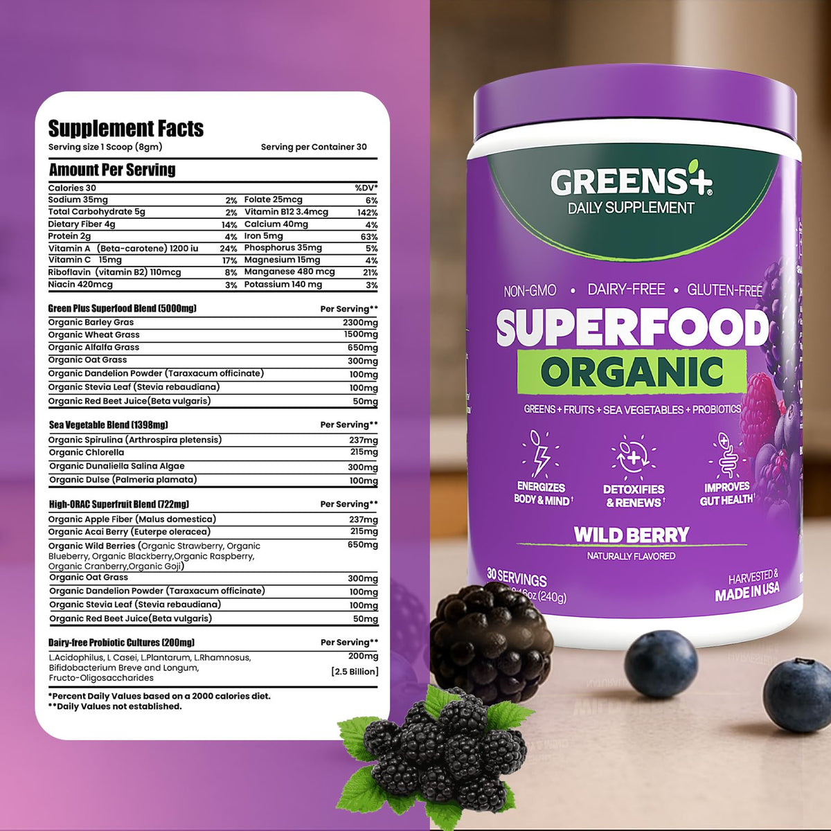 Poudre superaliment Greens+ avec cuillère en bois