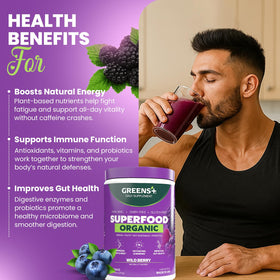 Poudre superaliment Greens+ sur une table avec des légumes frais