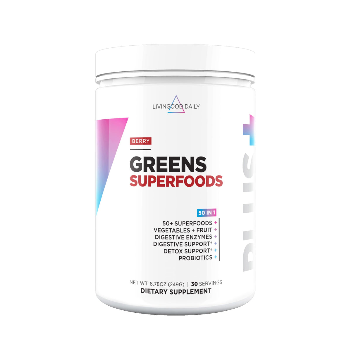 Poudre superaliment Livingood Daily 50+ Greens, goût baie, vue de face