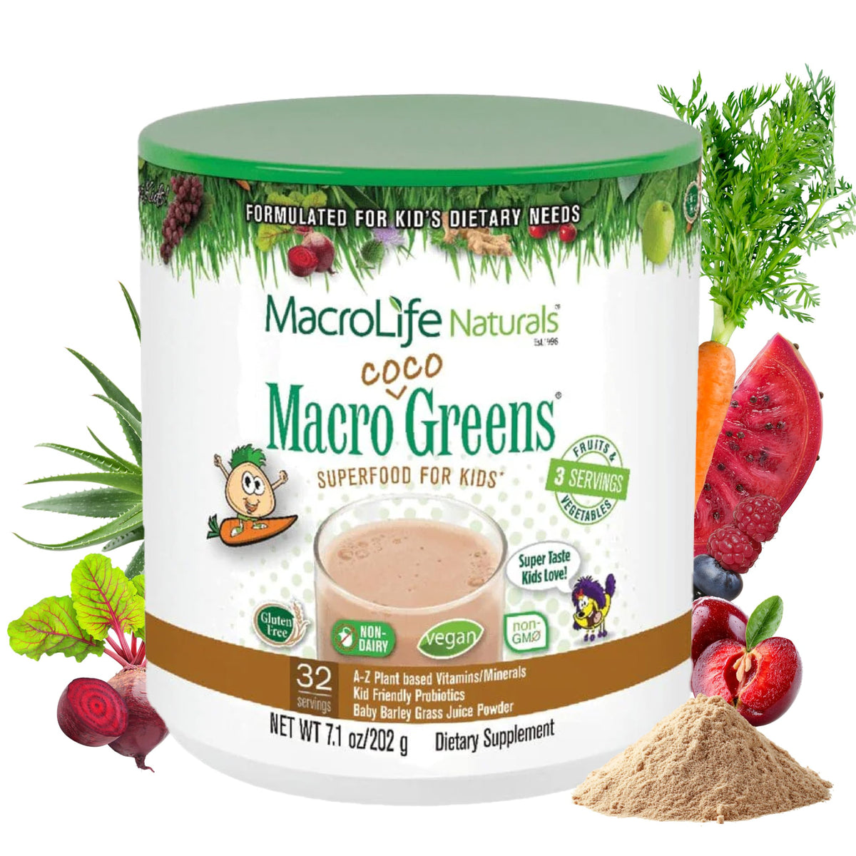 Poudre superaliment Macrococo Greens pour enfants 272g chocolat vue de face